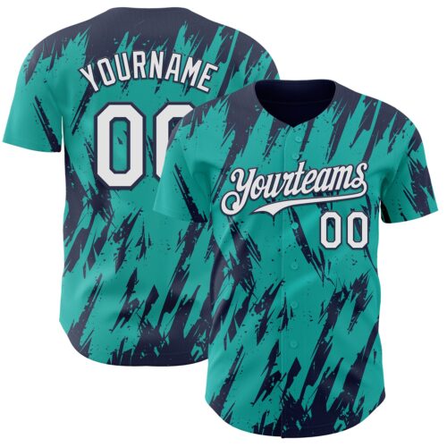Custom Aqua White-Navy Splatter Torn Sharp Brush Stroke Authentic Baseball Jersey