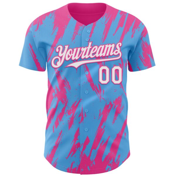 Custom Sky Blue White-Pink Splatter Torn Sharp Brush Stroke Authentic Baseball Jersey
