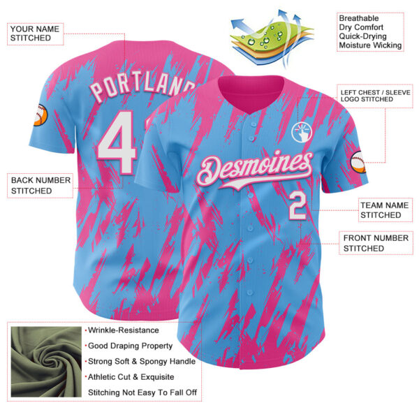 Custom Sky Blue White-Pink Splatter Torn Sharp Brush Stroke Authentic Baseball Jersey