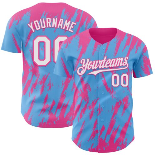 3DPattern13388 Custom Sky Blue White-Pink Splatter Torn Sharp Brush Stroke Authentic Baseball Jersey