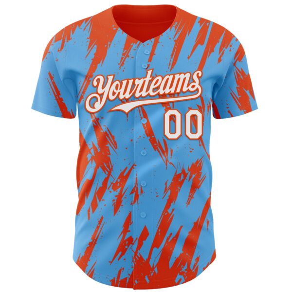 Custom Sky Blue White-Orange Splatter Torn Sharp Brush Stroke Authentic Baseball Jersey