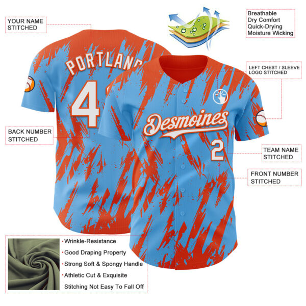 Custom Sky Blue White-Orange Splatter Torn Sharp Brush Stroke Authentic Baseball Jersey