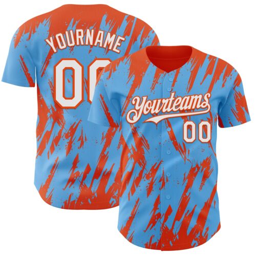 3DPattern13389 Custom Sky Blue White-Orange Splatter Torn Sharp Brush Stroke Authentic Baseball Jersey