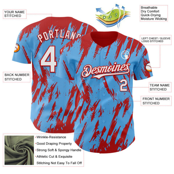 Custom Sky Blue White-Red Splatter Torn Sharp Brush Stroke Authentic Baseball Jersey