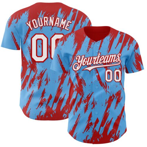 3DPattern13390 Custom Sky Blue White-Red Splatter Torn Sharp Brush Stroke Authentic Baseball Jersey