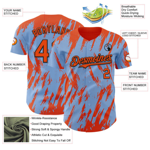 Custom Light Blue Orange-Black Splatter Torn Sharp Brush Stroke Authentic Baseball Jersey