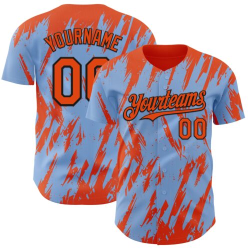 Custom Light Blue Orange-Black Splatter Torn Sharp Brush Stroke Authentic Baseball Jersey