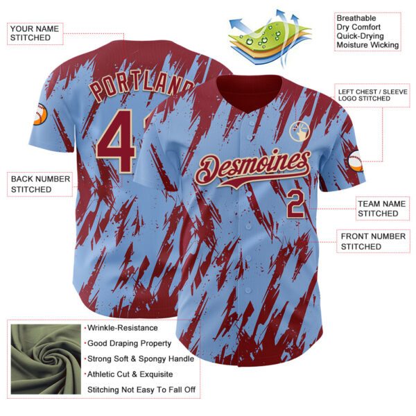 Custom Light Blue Crimson-Cream Splatter Torn Sharp Brush Stroke Authentic Baseball Jersey