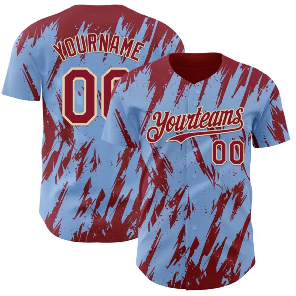 Custom Light Blue Crimson-Cream Splatter Torn Sharp Brush Stroke Authentic Baseball Jersey