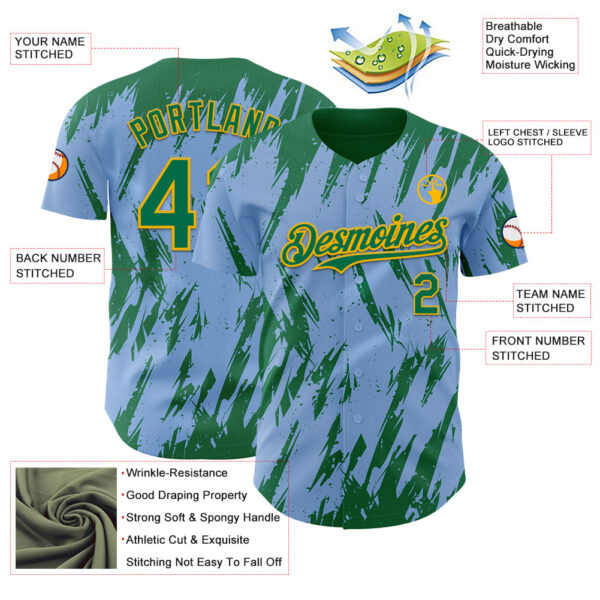 Custom Light Blue Kelly Green-Gold Splatter Torn Sharp Brush Stroke Authentic Baseball Jersey