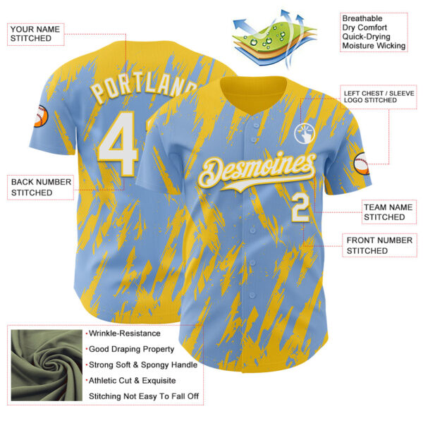 Custom Light Blue White-Yellow Splatter Torn Sharp Brush Stroke Authentic Baseball Jersey