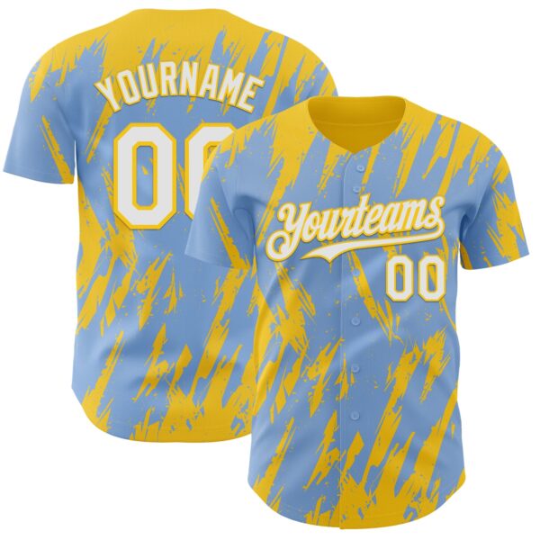 Custom Light Blue White-Yellow Splatter Torn Sharp Brush Stroke Authentic Baseball Jersey