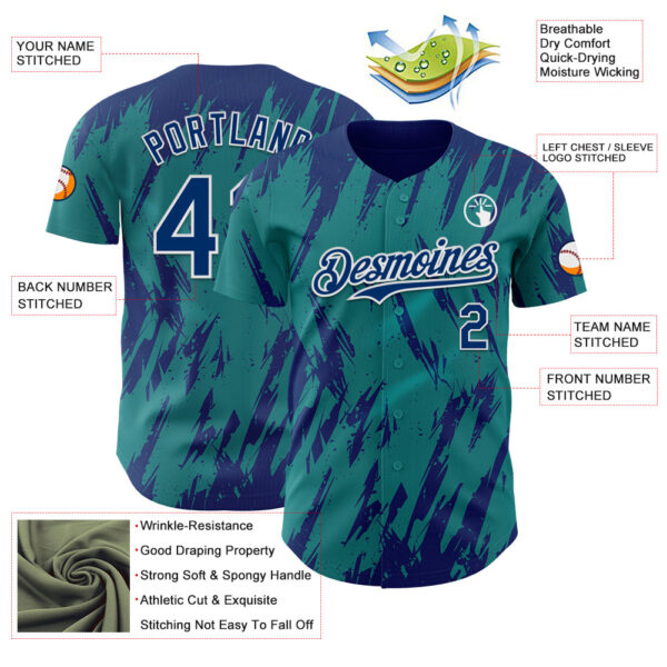 Custom Teal US Navy Blue-White Splatter Torn Sharp Brush Stroke Authentic Baseball Jersey