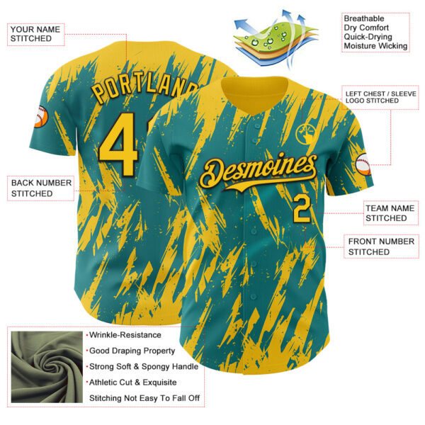 Custom Teal Yellow-Black Splatter Torn Sharp Brush Stroke Authentic Baseball Jersey