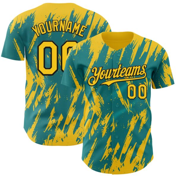 Custom Teal Yellow-Black Splatter Torn Sharp Brush Stroke Authentic Baseball Jersey