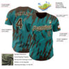 Custom Teal Brown-Cream Splatter Torn Sharp Brush Stroke Authentic Baseball Jersey