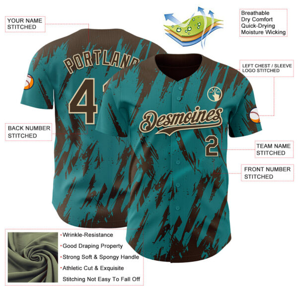 Custom Teal Brown-Cream Splatter Torn Sharp Brush Stroke Authentic Baseball Jersey