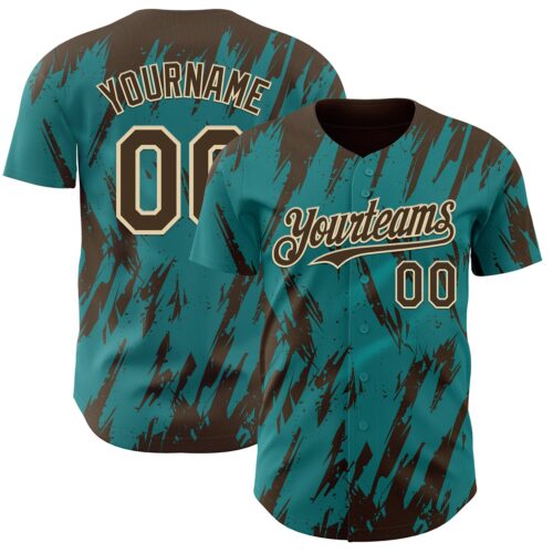 Custom Teal Brown-Cream Splatter Torn Sharp Brush Stroke Authentic Baseball Jersey