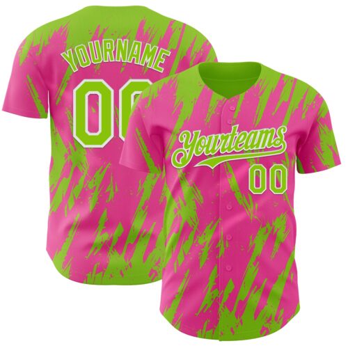 Custom Pink Neon Green-White Splatter Torn Sharp Brush Stroke Authentic Baseball Jersey