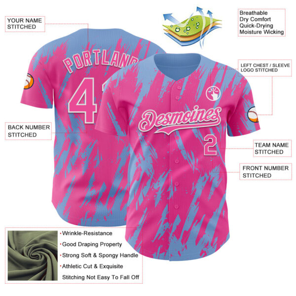 Custom Pink White-Light Blue Splatter Torn Sharp Brush Stroke Authentic Baseball Jersey