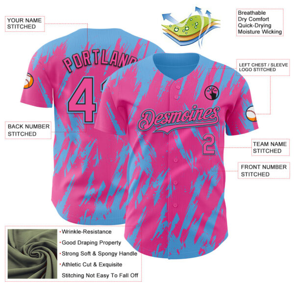 Custom Pink Black-Sky Blue Splatter Torn Sharp Brush Stroke Authentic Baseball Jersey