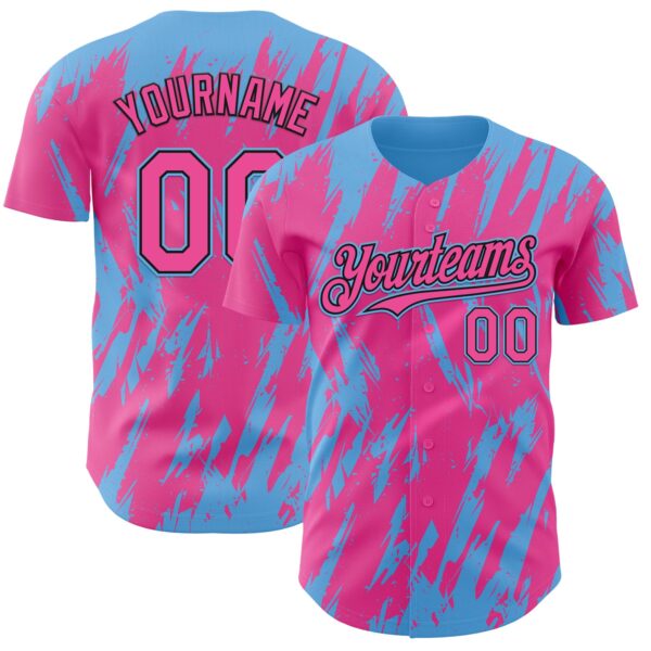 Custom Pink Black-Sky Blue Splatter Torn Sharp Brush Stroke Authentic Baseball Jersey