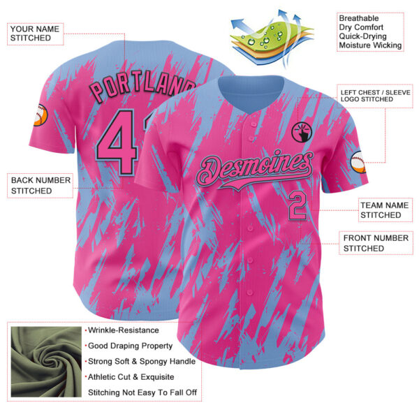 Custom Pink Black-Light Blue Splatter Torn Sharp Brush Stroke Authentic Baseball Jersey
