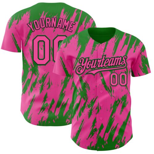 Custom Pink Black-Grass Green Splatter Torn Sharp Brush Stroke Authentic Baseball Jersey