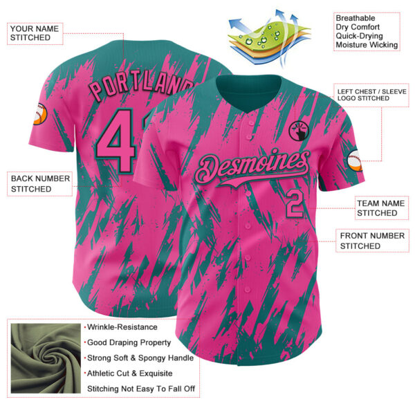 Custom Pink Black-Teal Splatter Torn Sharp Brush Stroke Authentic Baseball Jersey