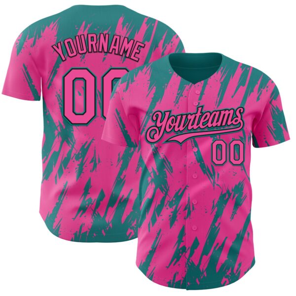 Custom Pink Black-Teal Splatter Torn Sharp Brush Stroke Authentic Baseball Jersey