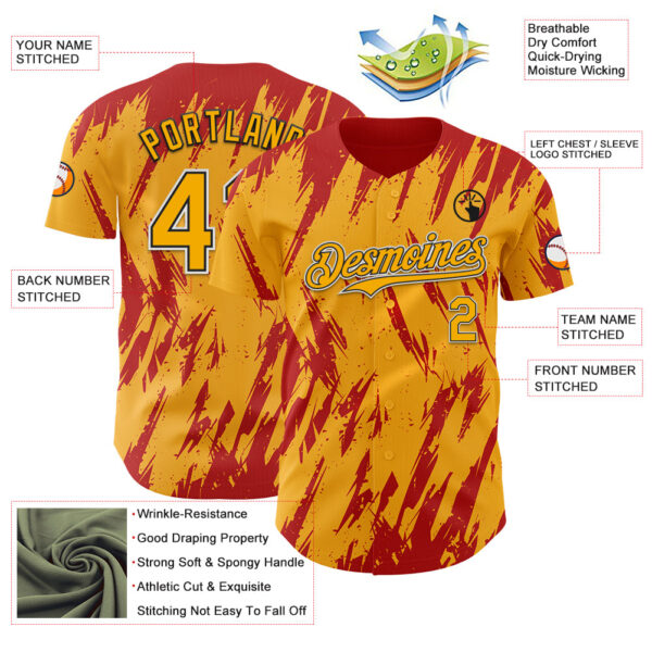 Custom Gold Black-Red Splatter Torn Sharp Brush Stroke Authentic Baseball Jersey