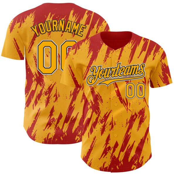 Custom Gold Black-Red Splatter Torn Sharp Brush Stroke Authentic Baseball Jersey