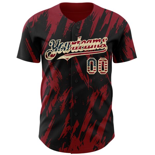 Custom Black Vintage USA Flag Cream-Crimson Splatter Torn Sharp Brush Stroke Authentic Baseball Jersey
