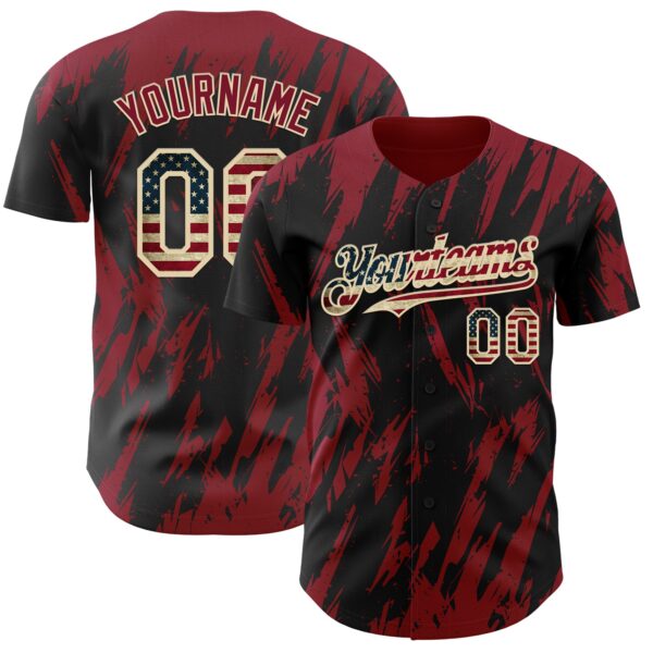 Custom Black Vintage USA Flag Cream-Crimson Splatter Torn Sharp Brush Stroke Authentic Baseball Jersey