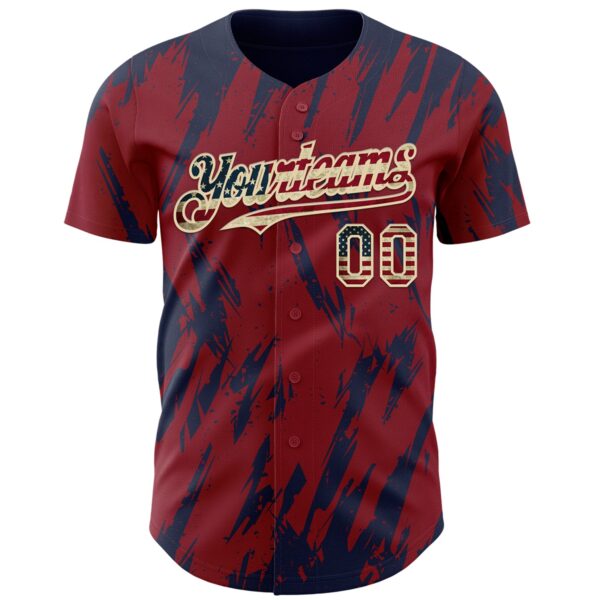 Custom Crimson Vintage USA Flag Cream-Navy Splatter Torn Sharp Brush Stroke Authentic Baseball Jersey