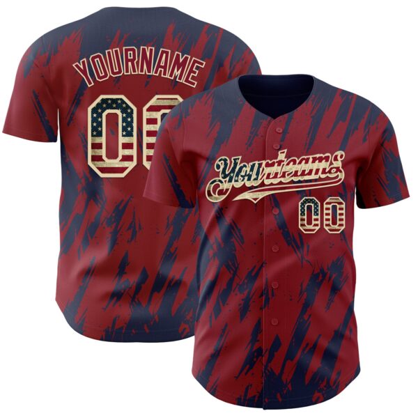 Custom Crimson Vintage USA Flag Cream-Navy Splatter Torn Sharp Brush Stroke Authentic Baseball Jersey