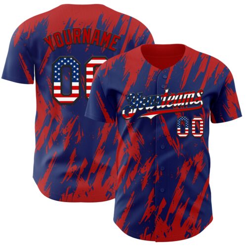 Custom Royal Vintage USA Flag Black-Red Splatter Torn Sharp Brush Stroke Authentic Baseball Jersey