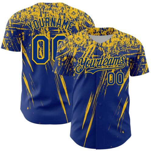 Custom Royal Yellow Distressed Scratch Brush Stroke Authentic Baseball Jersey