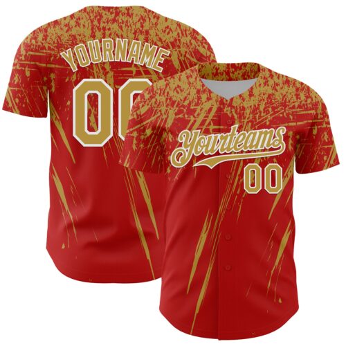 Custom Red Old Gold-White Distressed Scratch Brush Stroke Authentic Baseball Jersey