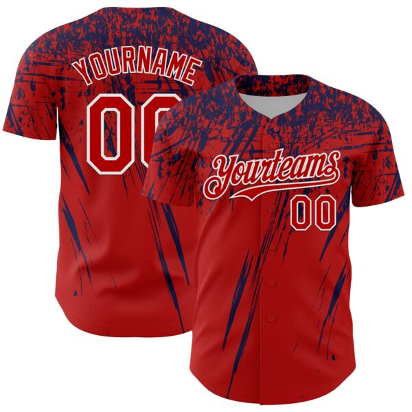 Custom Red Navy-White Distressed Scratch Brush Stroke Authentic Baseball Jersey