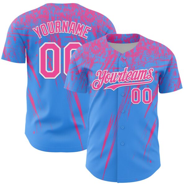 Custom Electric Blue Pink-White Distressed Scratch Brush Stroke Authentic Baseball Jersey