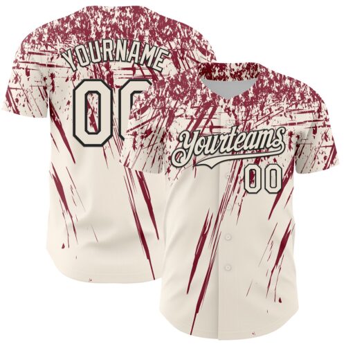 Custom Cream Crimson-Black Distressed Scratch Brush Stroke Authentic Baseball Jersey
