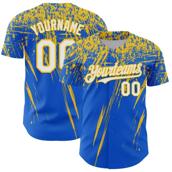 Custom Thunder Blue White-Yellow Distressed Scratch Brush Stroke Authentic Baseball Jersey