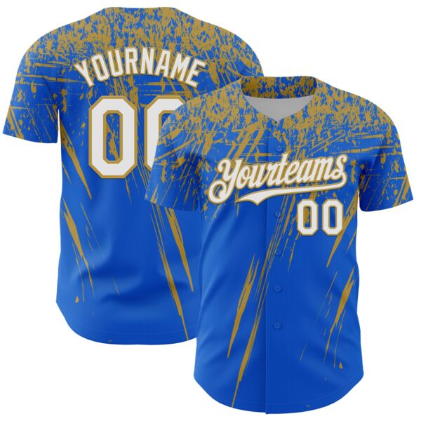 Custom Thunder Blue White-Old Gold Distressed Scratch Brush Stroke Authentic Baseball Jersey