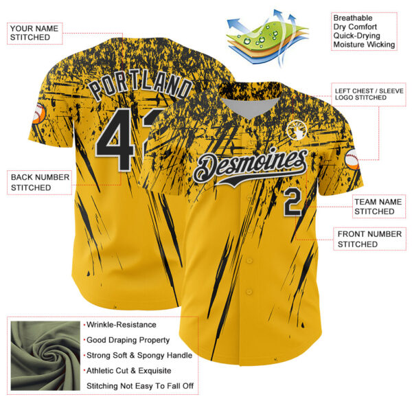 Custom Gold Black-White Distressed Scratch Brush Stroke Authentic Baseball Jersey