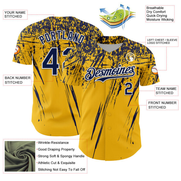 Custom Gold Navy-White Distressed Scratch Brush Stroke Authentic Baseball Jersey