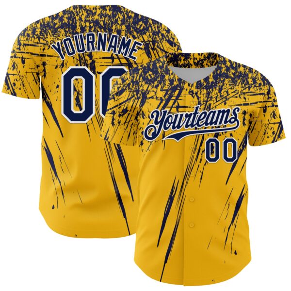 Custom Gold Navy-White Distressed Scratch Brush Stroke Authentic Baseball Jersey