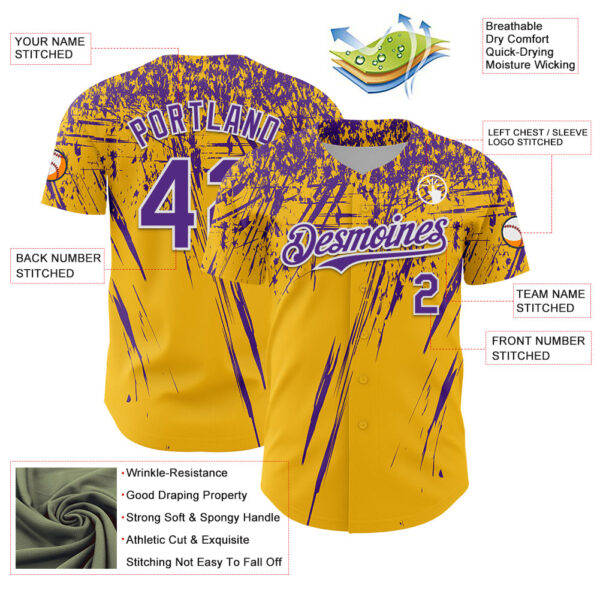 Custom Gold Purple-White Distressed Scratch Brush Stroke Authentic Baseball Jersey