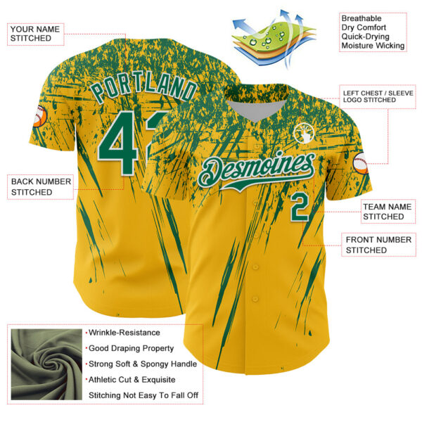 Custom Gold Kelly Green-White Distressed Scratch Brush Stroke Authentic Baseball Jersey
