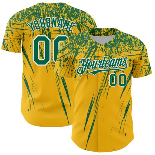 Custom Gold Kelly Green-White Distressed Scratch Brush Stroke Authentic Baseball Jersey